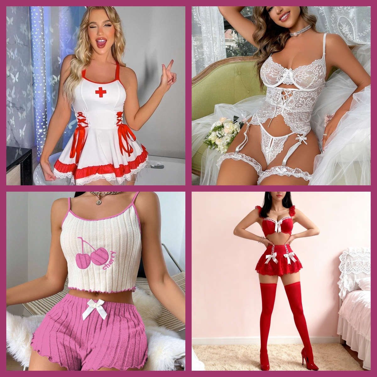 In-Stock European and American Style Flirtatious Lingerie Cross-Border Camisole Lace Mesh Sexy Nightwear Women's Role-Playing Costume