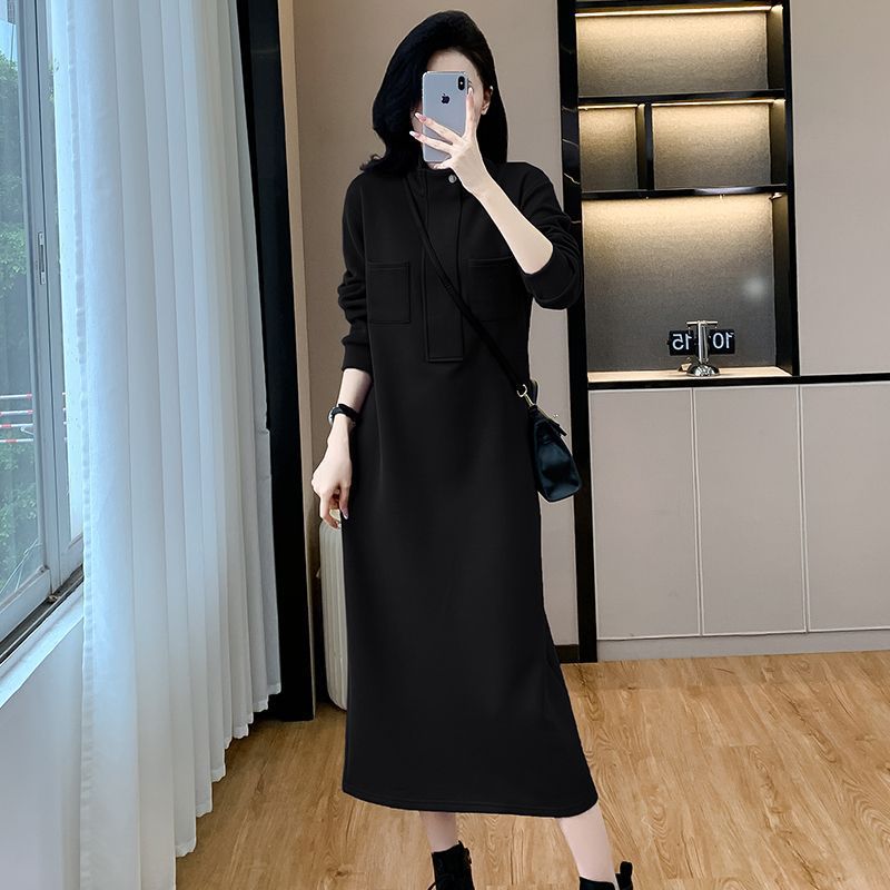 长款过膝休闲卫衣裙女2025秋冬新款大码宽松遮肚百搭立领连衣裙潮|undefined