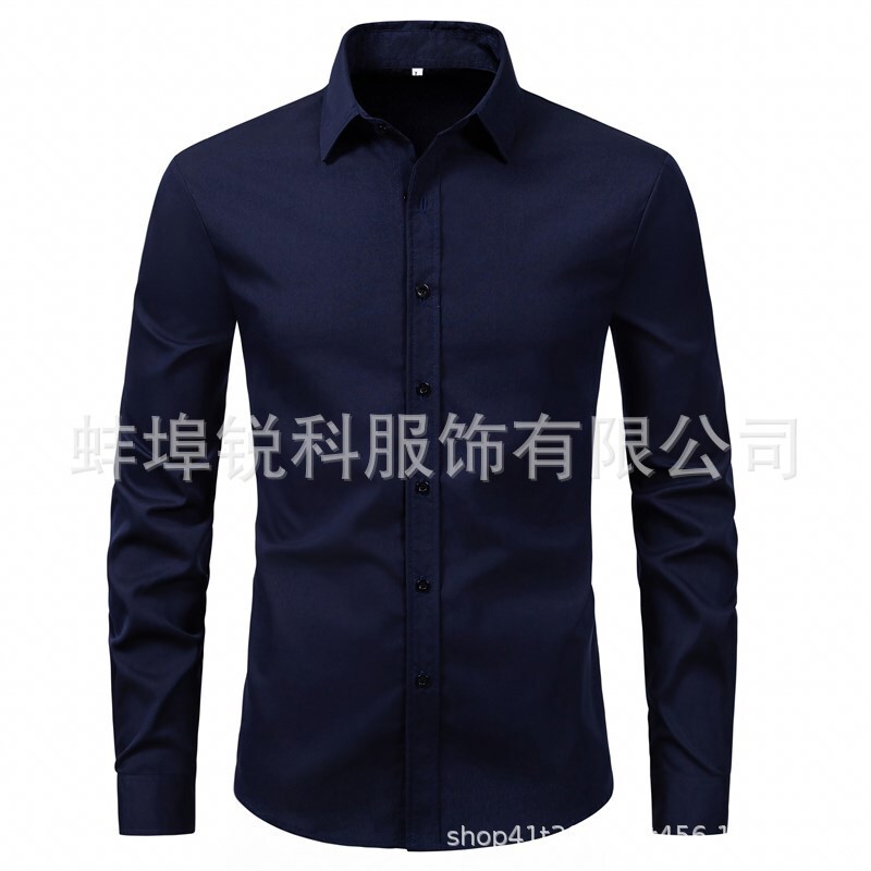 2025 Amazon Solid Color Shirt Men's Long Sleeve Cross-Border Men's Fashion Shirt Men's Top Slim Solid Color Inch Shirt