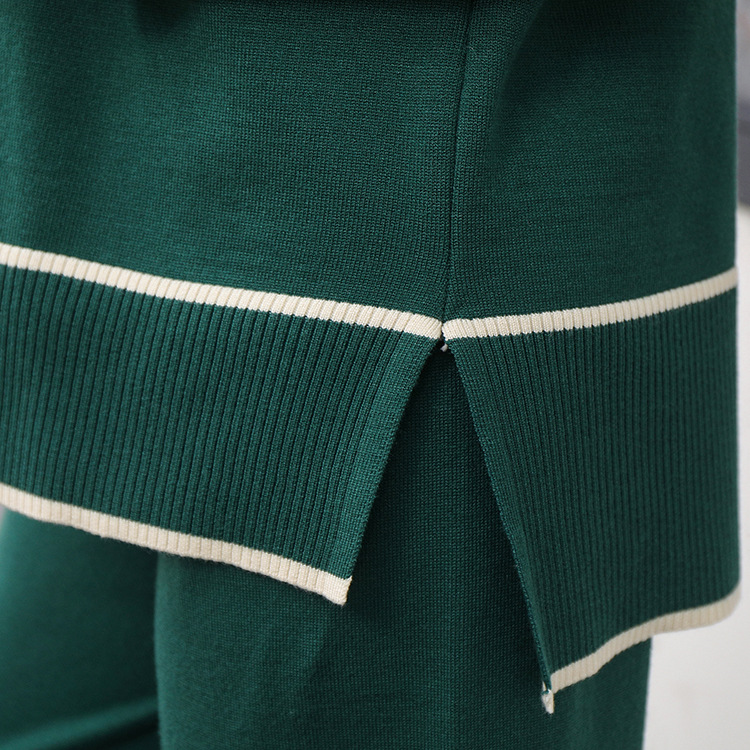 Abbigliamento donna nuova moda autunno e inverno abiti scollo a U manica lunga maglione lavorato a maglia spaccato vita alta pantaloni gamba larga due pezzi_voghion.com