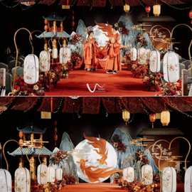 中式婚庆红背景高端婚礼现场舞台婚宴厅装饰灯具婚礼道具路引T台