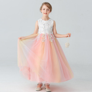 2022 New Girls' Sleeveless Rainbow dress Long Performance Dress Sweet Princess Wedding Dress Korean Style