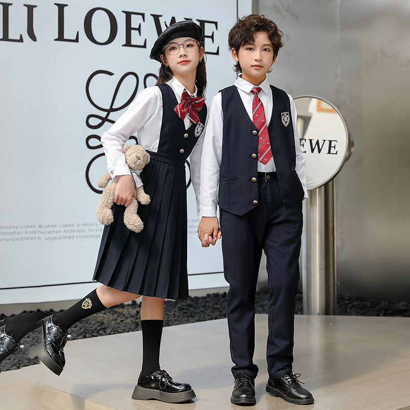 Choral performance uniform for primary and secondary school students, class uniform, graduation season performance attire, vest, suspenders, skirt, unisex long-sleeve set