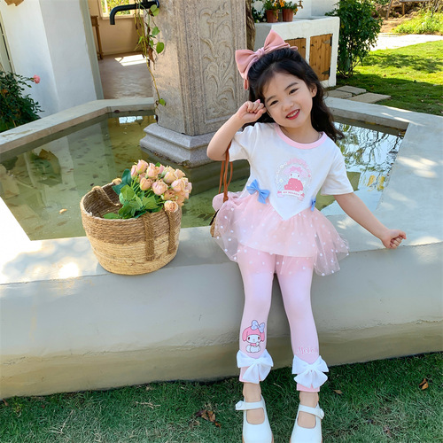  Girls' New Summer Clothes Snow Elsa Princess Melody Mesh Fashionable Versatile Cotton Short-Sleeved Two-piece Set