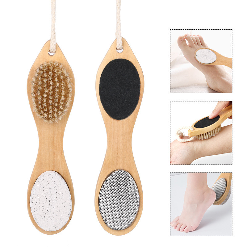Set 4 en 1 para cuidado de pies, cepillo de madera y piedra exfoliante