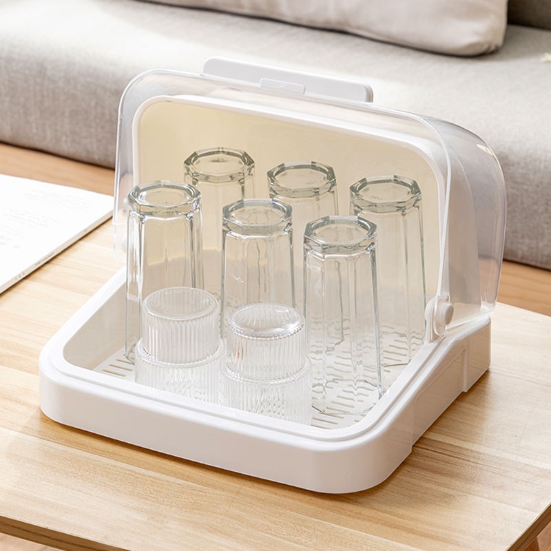 Japanese Cup Bottle Storage Box Living Room Tea Cup Drain Rack with Lid Dust-proof Drain Tray Kitchen Storage Shelf