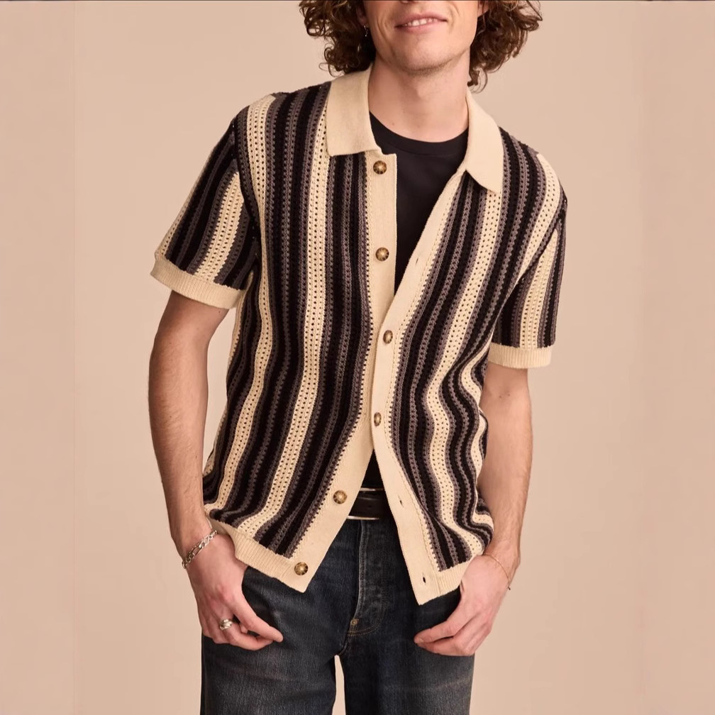 2025 Summer New European and American Export Amazon Men's Casual Stripesd Cut Out Knitted Polo Shirt Bk0068
