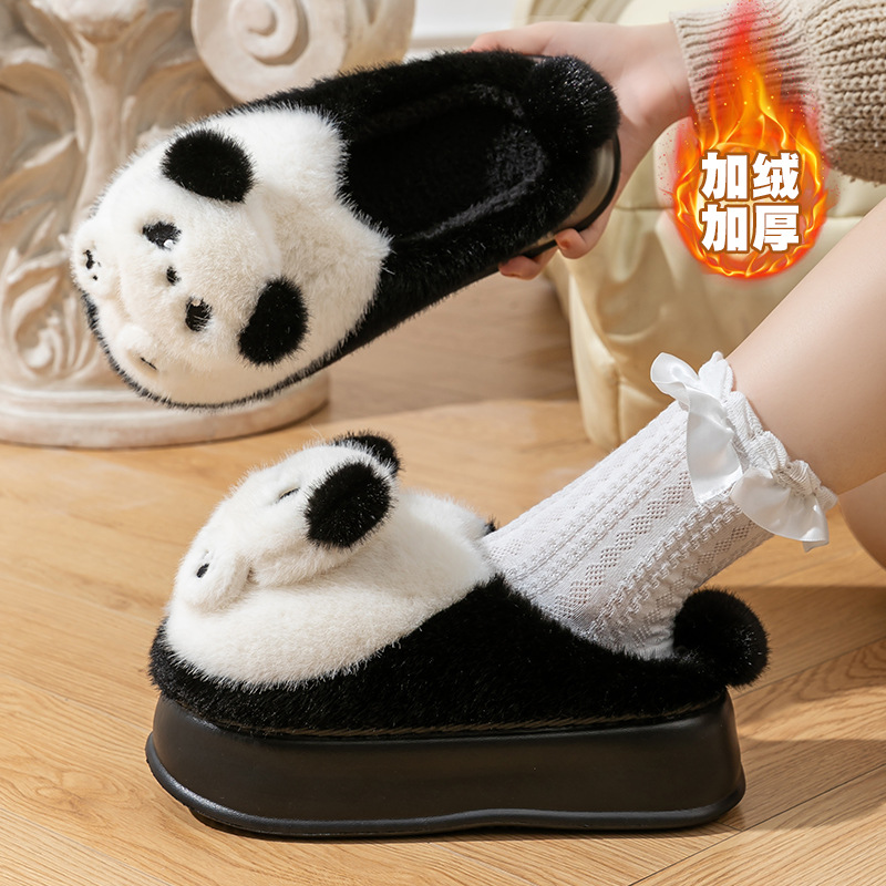 Zapatillas de algodón para mujeres de invierno universal panda grueso peluche caliente interior y exterior usar bolsas de altura gruesas zapatos de algodón caseros