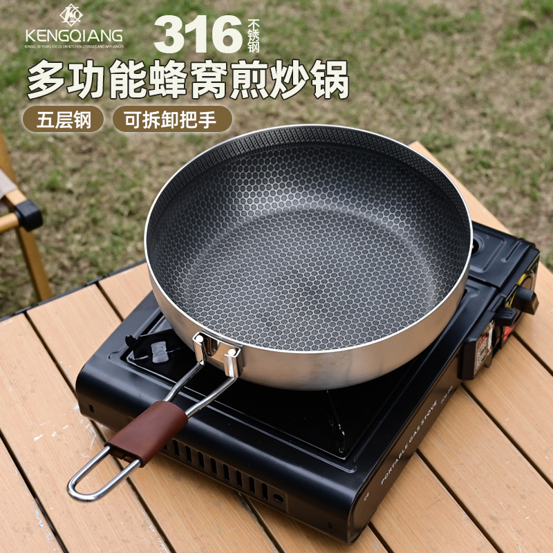 야외 Wok 휴대용 316 스테인레스 스틸 Wok 이동식 핸들 접기 튀김 및 볶음 다기능 팬 캠핑 피크닉