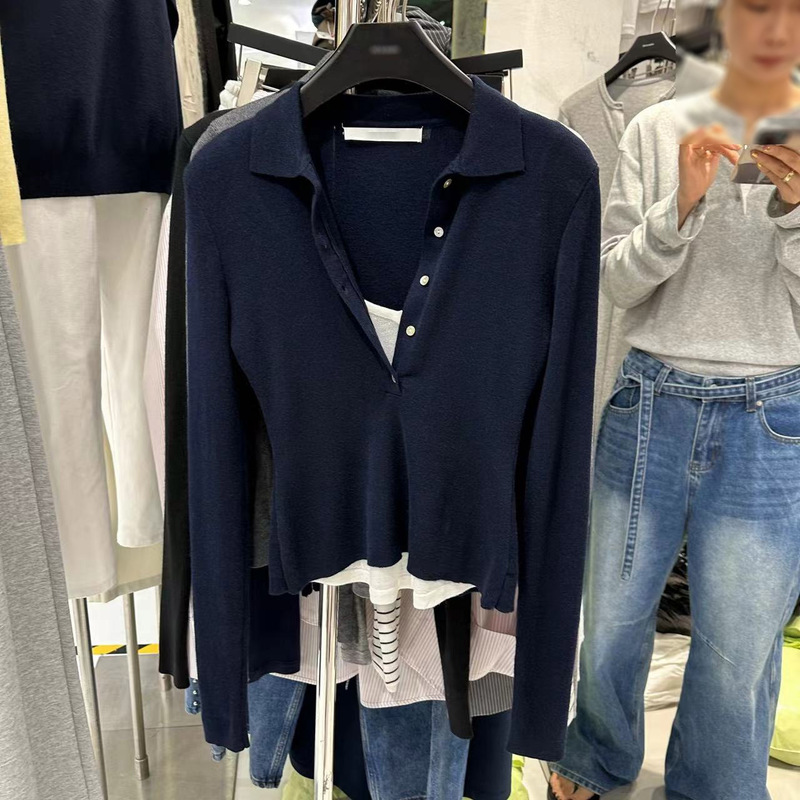 曾小咸黄色polo领假两件拼色长袖针织衫|undefined