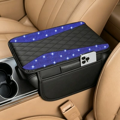Armrest box pad Diamond Center Console Cover, Leather - blue-angel-wings-rhinestones
