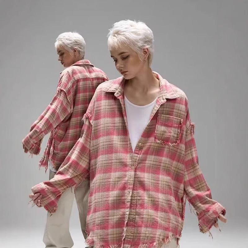 Washed Vintage Plaid Long-Sleeve Shirt for Women, 2026 Spring and Autumn New Niche Retro Tassel Fringed Design Shirt