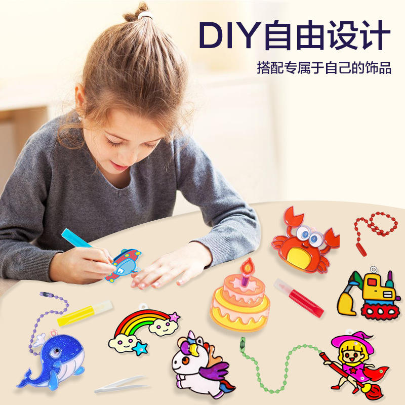 批發跨境兒童免烤水晶膠畫diy手工塗色塗鴉繪畫膠畫掛件益智玩具