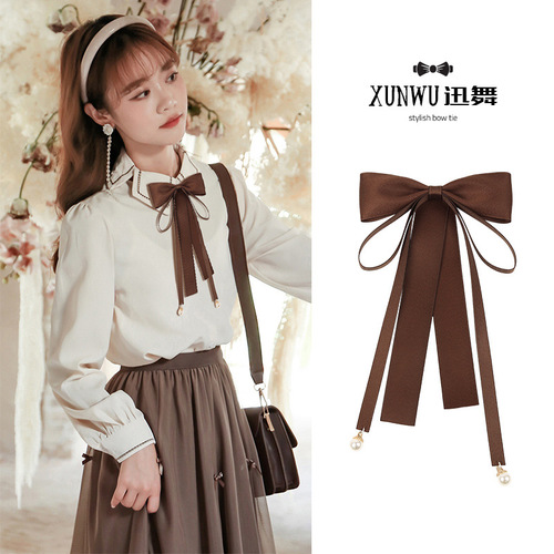 Bow tie women's ribbon with tassels lace pink Korean version Japanese style solid color bow, versatile fashionable sweet pin brooch