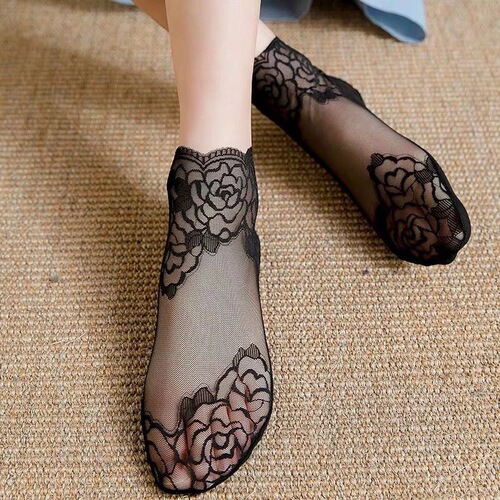 Summer lace black women's socks with Japanese floral edge mesh breathable boat socks ultra-thin cotton sole anti-slip low-top socks