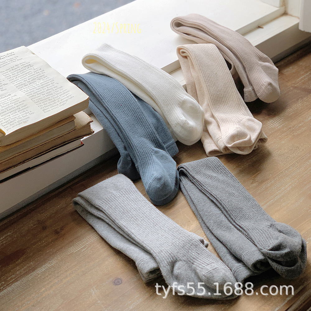 Spring and Autumn Girls' Pantyhose Korean Style Combed Cotton Thin Vertical Striped Knitted Socks Children's Baby Solid Color Plus Foot Socks