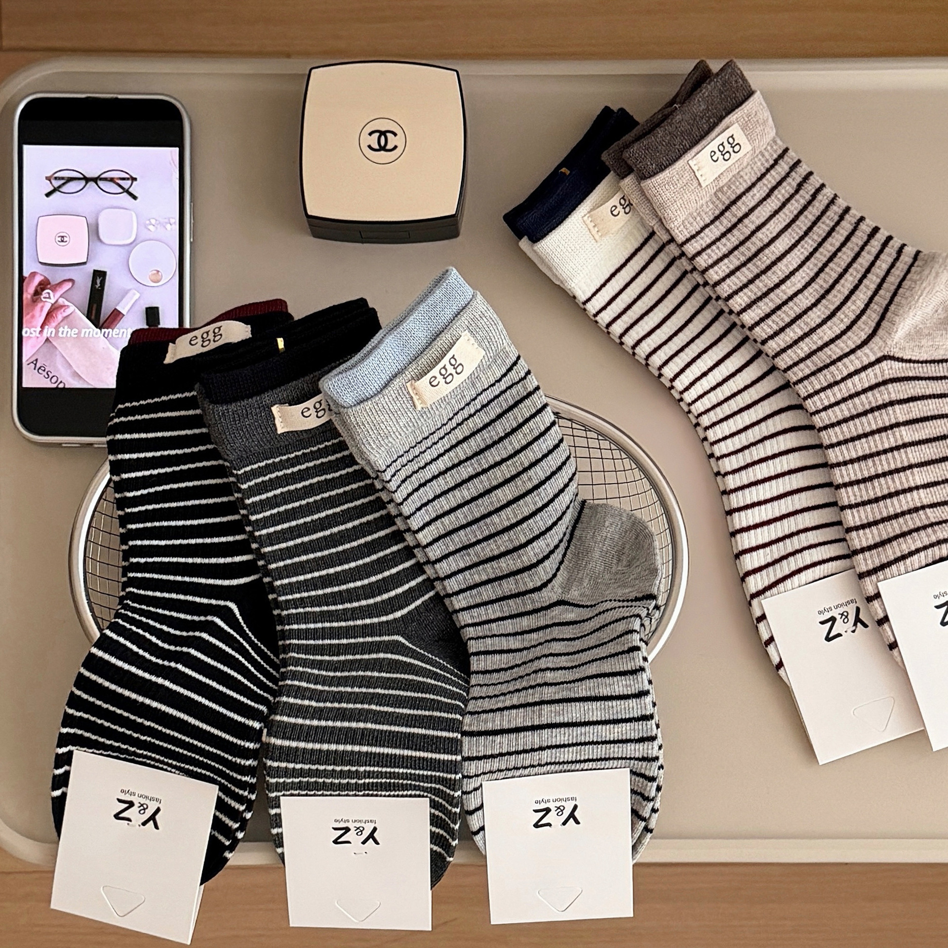 Striped Fabric Label Egg Autumn and Winter New Student Commuter Japanese Ins Casual Simple Mid-Tube Women's Sports Slouchy Cotton Socks