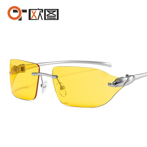 Metal leopard head decoration cross-border hot-selling frameless side shield curved sunglasses colorful fashion retro men's and women's sunglasses