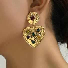 欧美跨境时尚潮流爱心形合金镶彩色水钻耳环复古高级轻奢耳饰耳坠