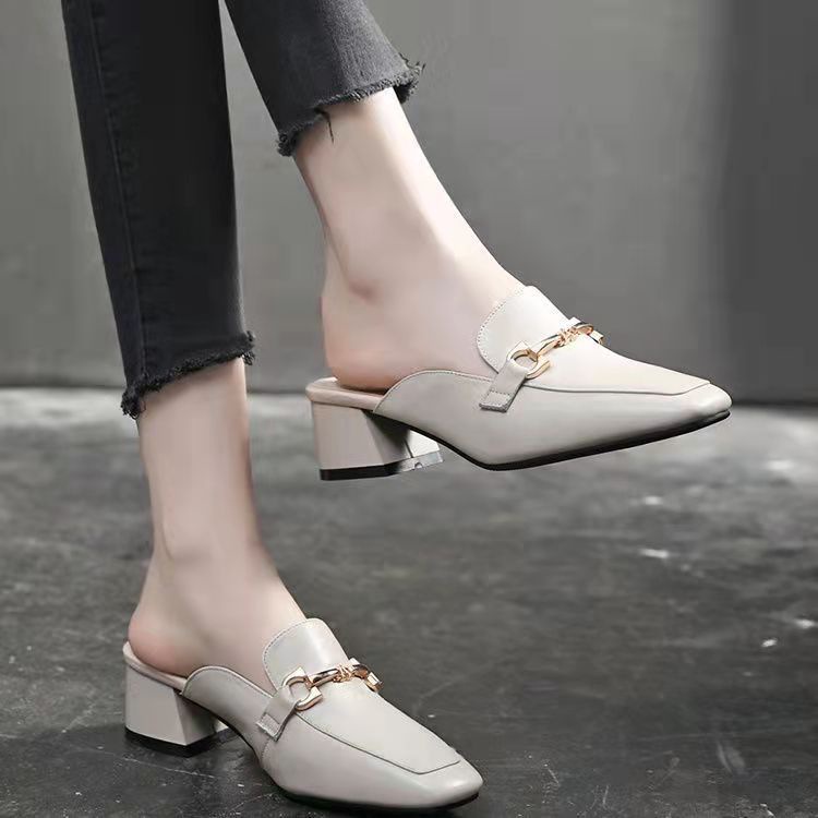 Semi pantuflas Baotou para mujer para llevar 2022 verano nuevo estilo sandalias y pantuflas de tacón grueso zapatos Muller tacón medio cabeza cuadrada zapatos retro individuales