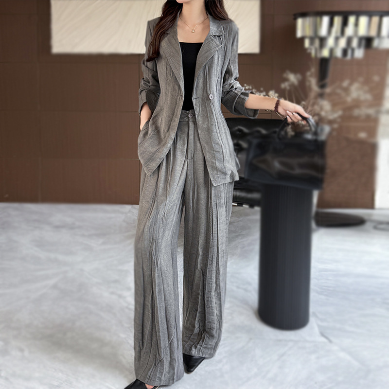 GraceChic Fashion Casual Suit per donna 2025 Blazer slim fit con taglio diagonale e plissettato, pantaloni lunghi, set due pezzi_voghion.com