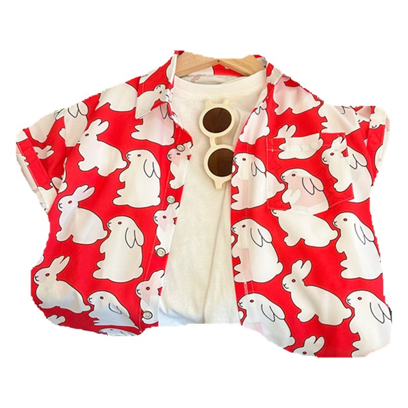 Camisa de verano para niños nuevos personalizada lindo conejo de dibujos animados manga corta Camisa de estilo coreano de moda sin corbata