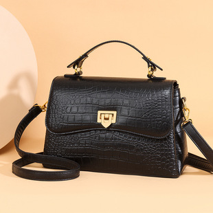 2025 New European and American Fashion High-end Crocodile Pattern Leather Handbag Top Layer Cowhide Commuter Shoulder Bag