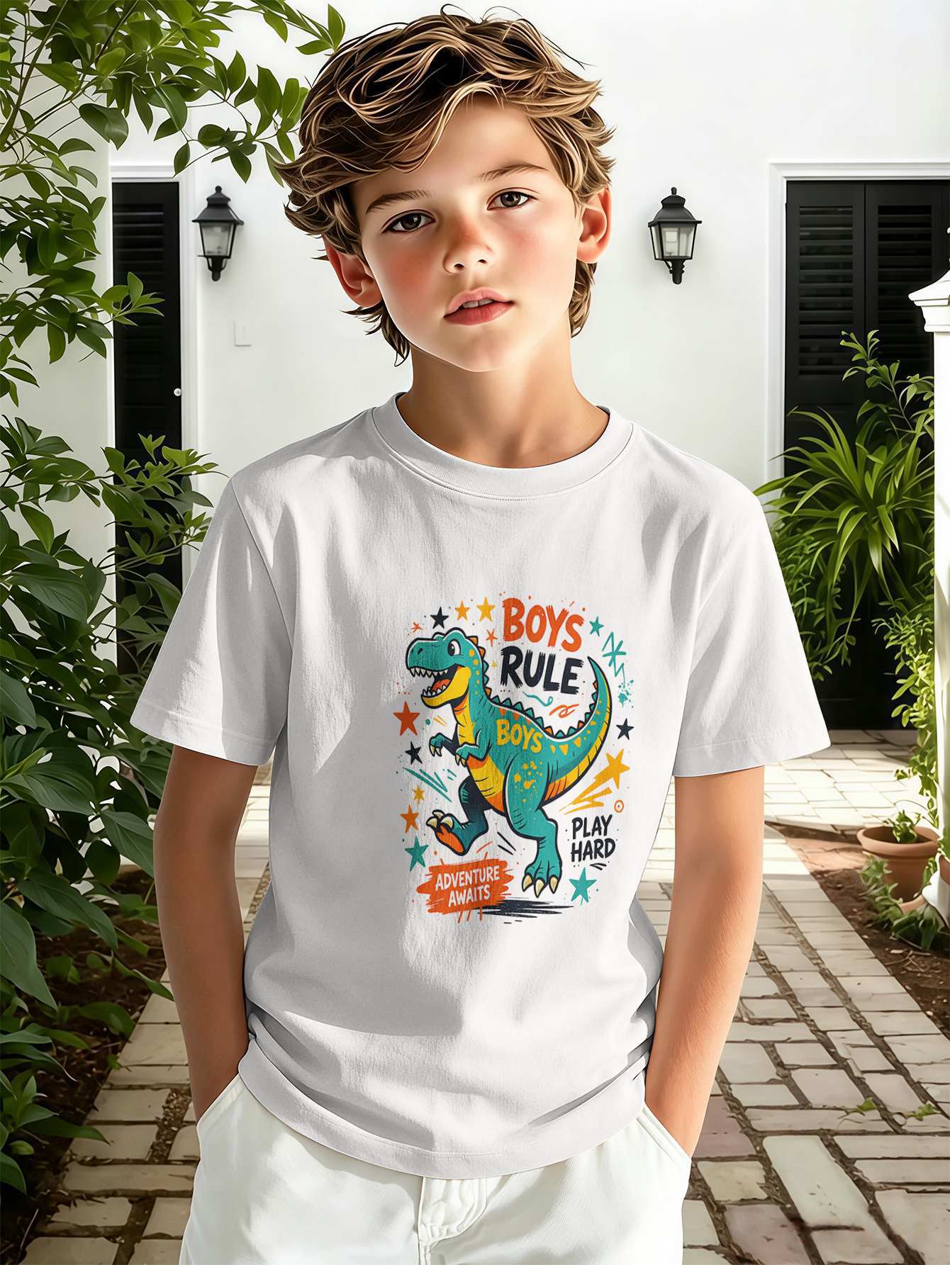 T-shirt pour garçon avec imprimé texte 3d haut décontracté rose_voghion.com
