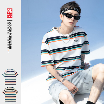 Hanlu Japanese Menswear 2021 summer new pattern Retro Short sleeved Colored stripes Easy T-shirt