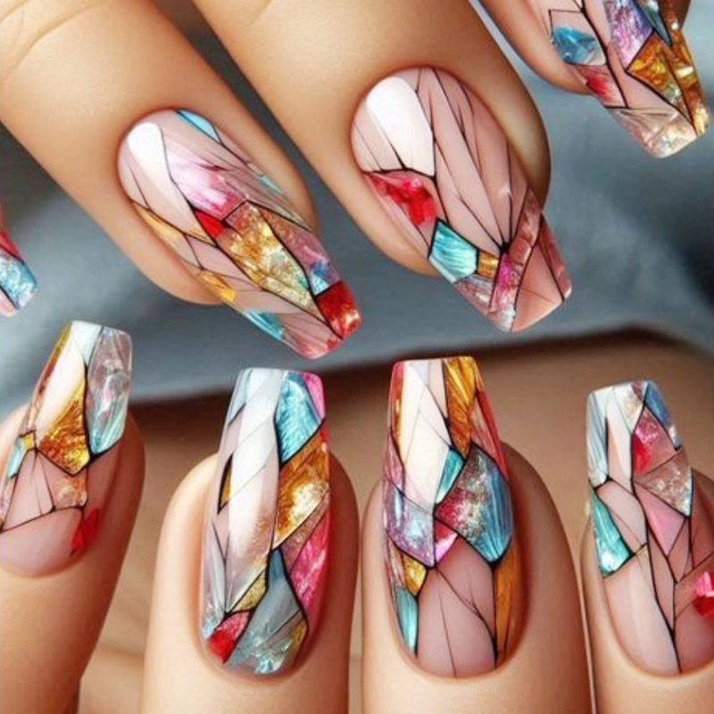 Wearable Nails Mid-Length Ballet Nude Color Asymmetrical Stained Glass Geometric Pattern Removable Fake Nail Patch Nail