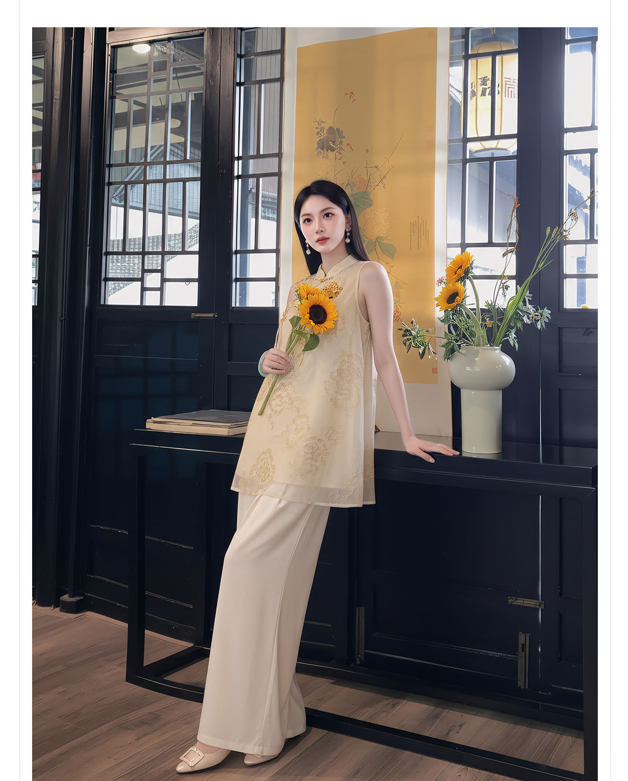 Đầm maxi nữ thắt eo thiết kế cổ điển họa tiết hoa nổi — Gừng chi tiết 9