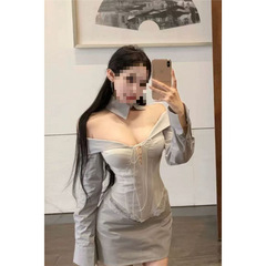 一字肩蕾丝拼接鱼骨修身长袖衬衫女夏季辣妹套装包臀半身裙两件套
