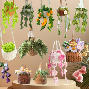 2025 New Car Pendant Hand-Crocheted Spider Plant Potted Wool Pendant Car Rearview Mirror Creative Pendant