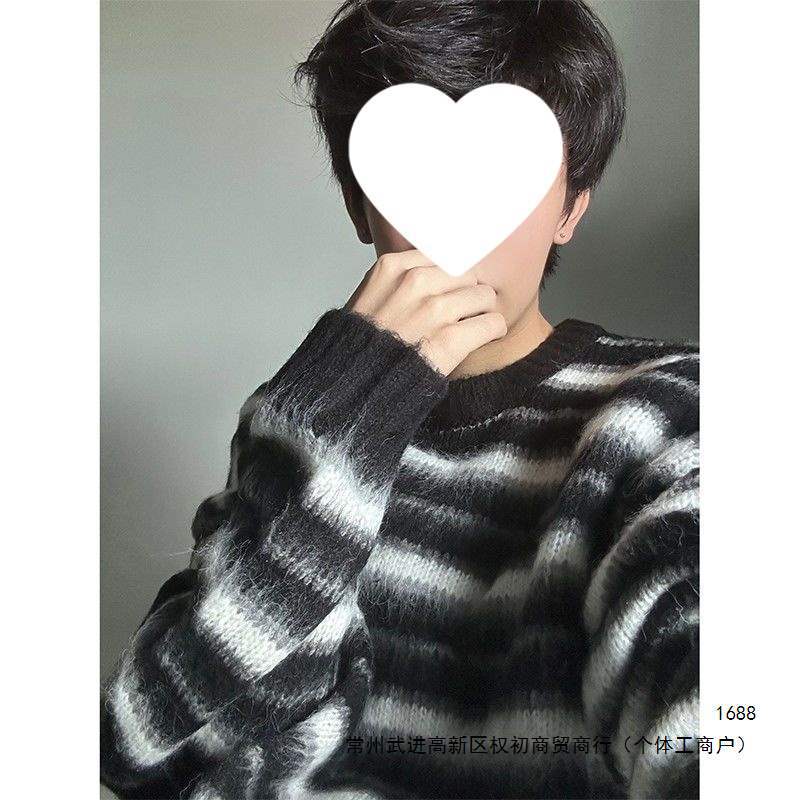 Japanese retro striped sweater for men, niche design, trendy black and white, versatile loose round neck top, relaxed knitwear.