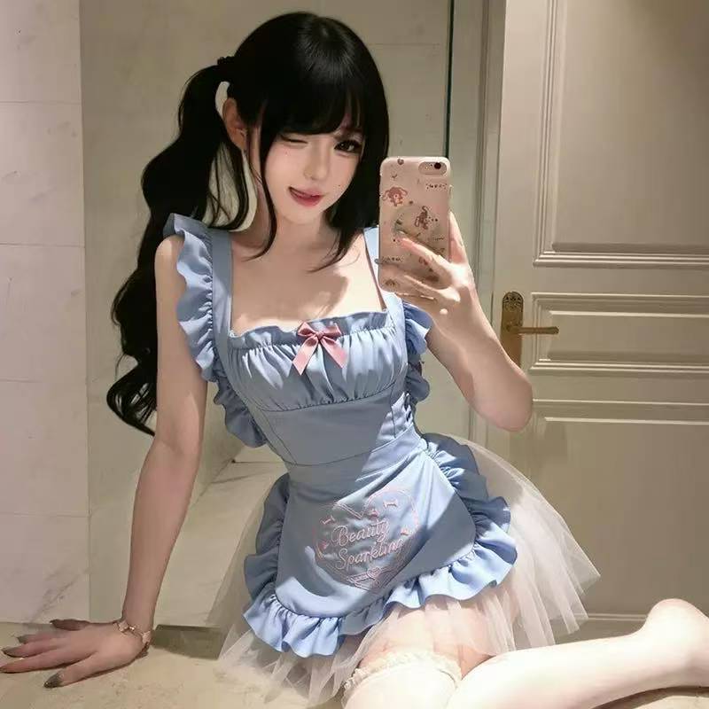 Maid Cosplay Costume Set with White Apron, Satin Skirt and Butterfly Socks — detail image 5