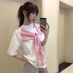 オリジナルの蝶結びチェック柄ストラップデザインの男女兼用半袖Tシャツ、ゆったりとしたトレンドの半袖トップス