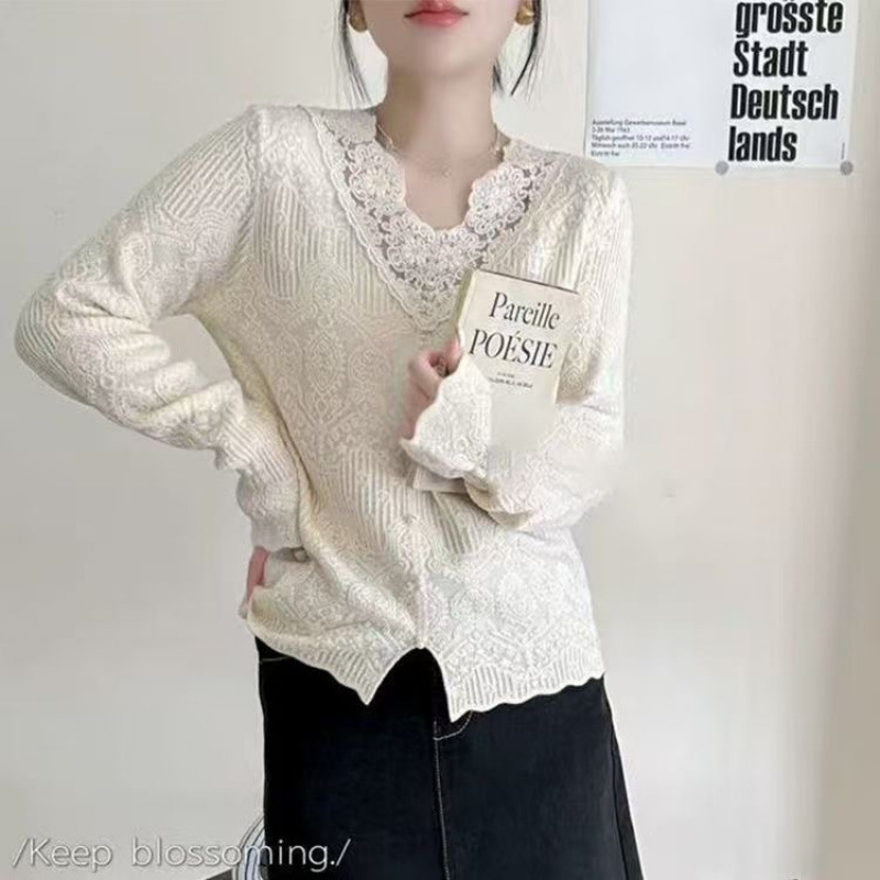 欧根纱蕾丝内搭针织衫女欧洲站2025早春新款欧货女装喇叭袖小衫潮|undefined