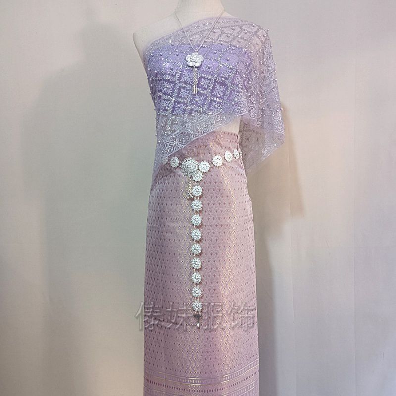 A7 five-piece light purple skirt set with shawl that does not shed powder