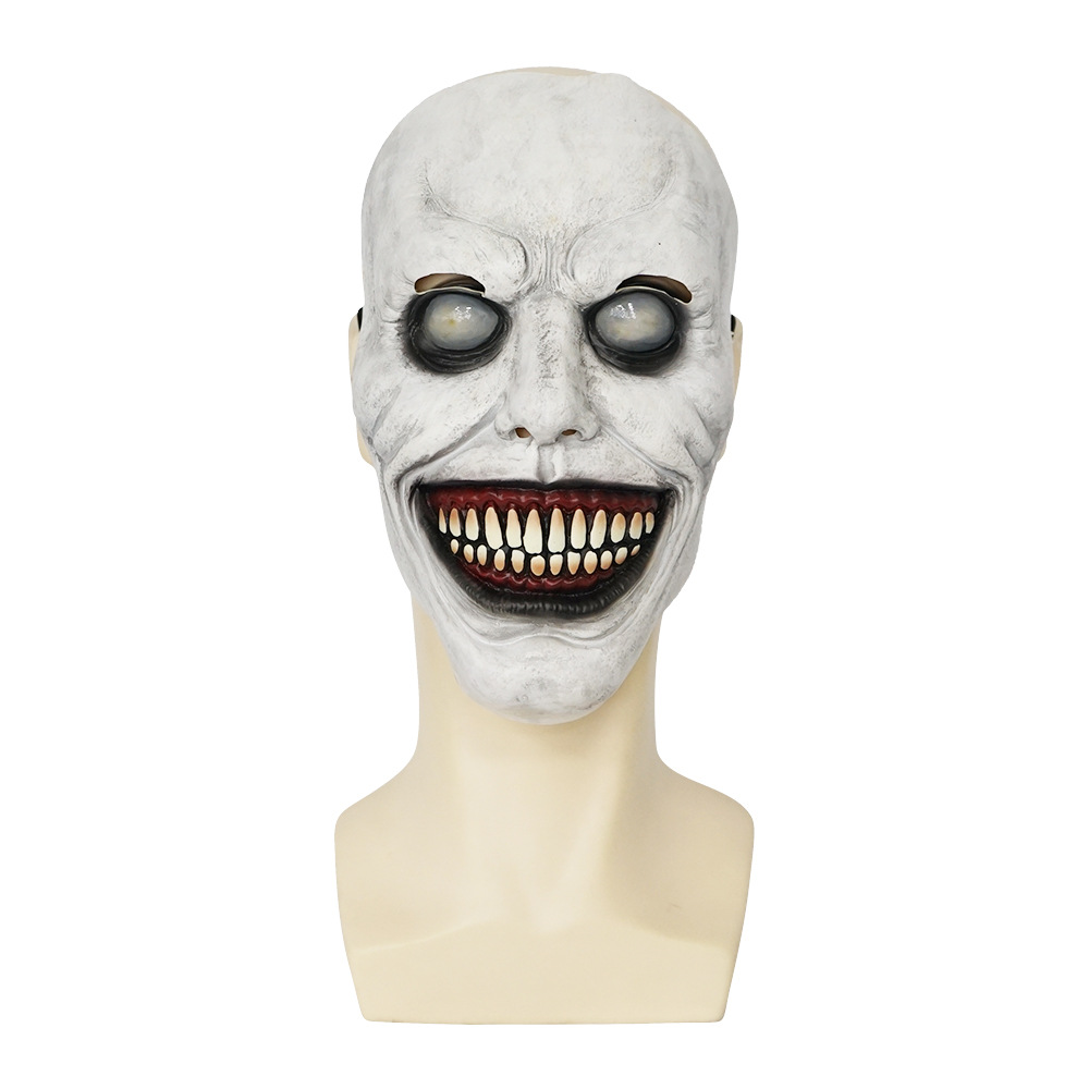 Fabricante en stock máscara cos sonrisa exorcista ojos blancos divertido látex media cara capucha Halloween horror máscara