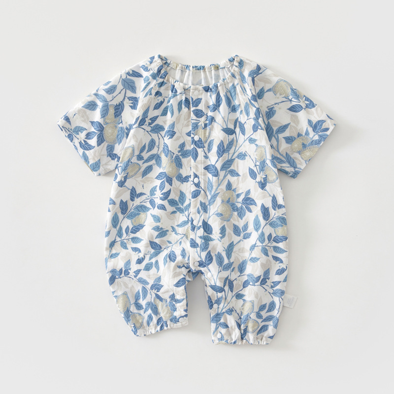 Baby Clothes Summer Tianzhu Gauze Short-sleeved Monk Clothes Thin Neonatal jumpsuit Baby Girl's Hatshirt Climbing Clothes