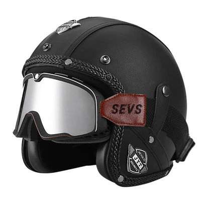 Motorcycle Leather Helmet Riding 3/4, Motorcycle Safety Supplies - 555-leather-helmet-black-large-frame-goggles-silver-mirror-s