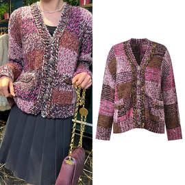 2025秋冬新款撞色宽松慵懒风V领针织开衫小众时尚百搭毛衣外套