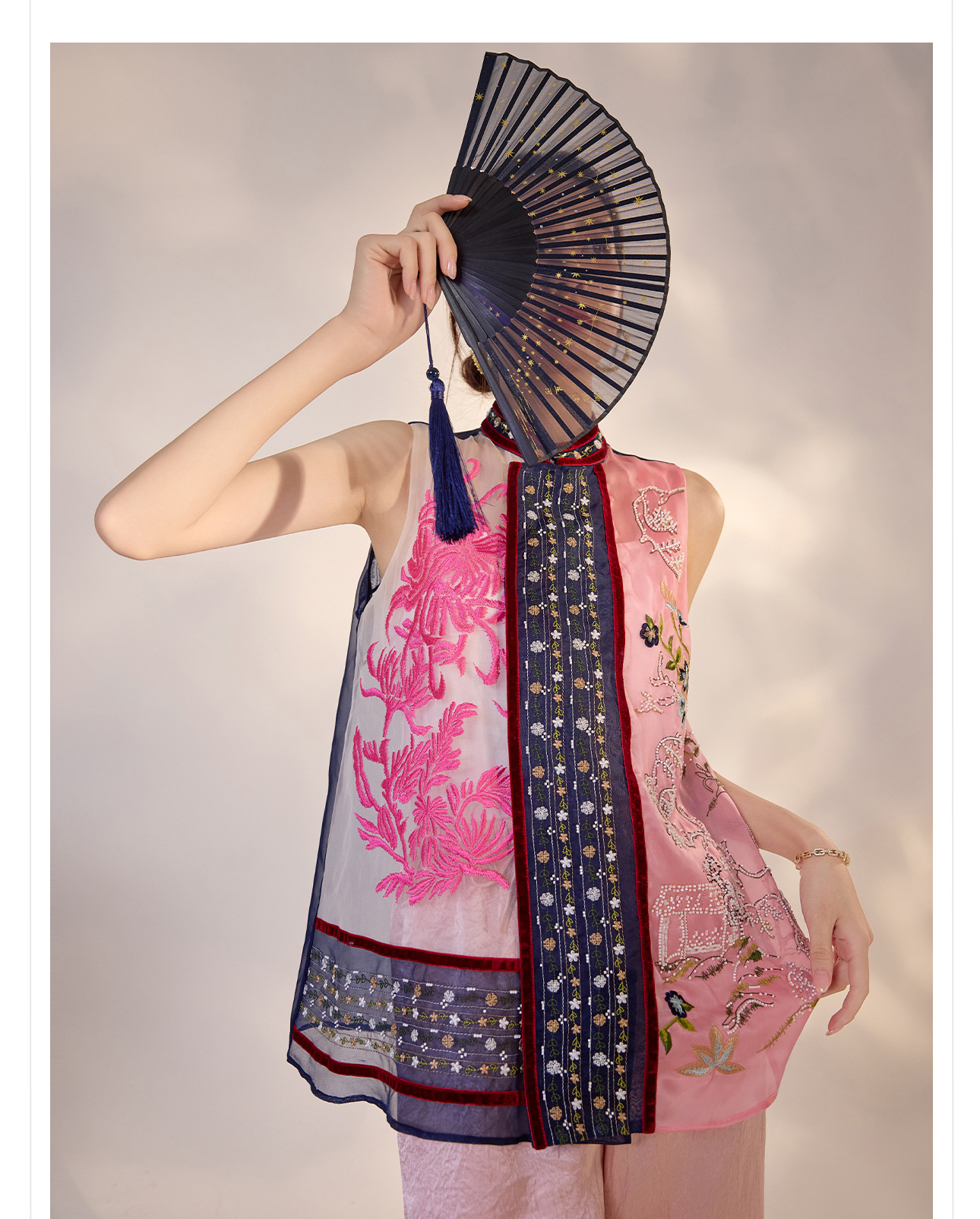 Áo vest gile nữ phong cách Trung Hoa mới, thêu họa tiết phối màu, chất liệu lụa tơ tằm, mã ZX M4238 — Phối màu chi tiết 5