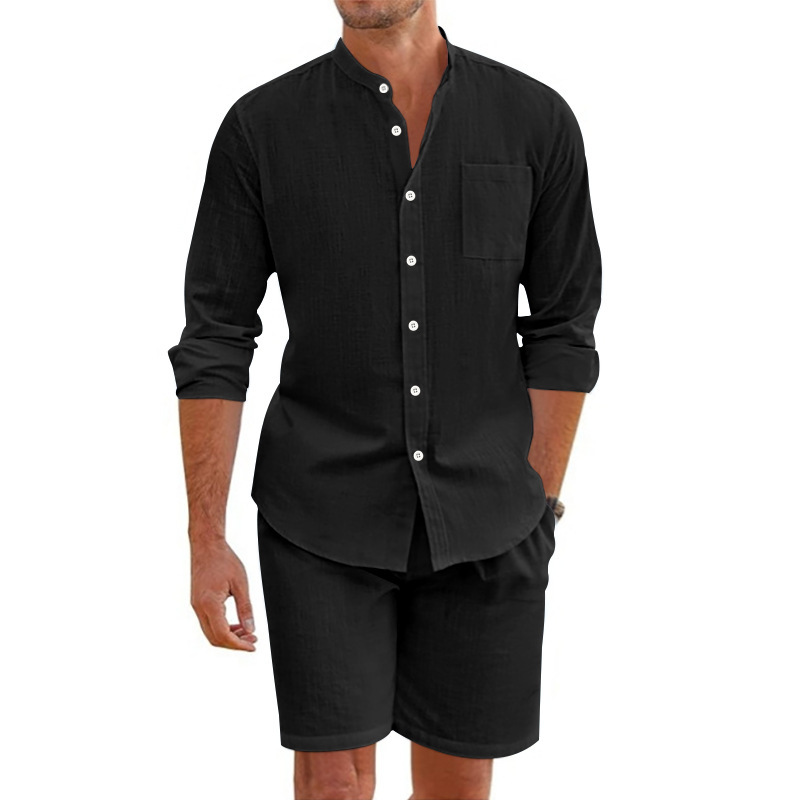 2026 Amazon hombre de verano dos piezas camisa de botón de lino manga larga pantalones cortos cardigan traje de playa casual