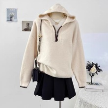韩系设计感连帽撞色拉链套头针织衫女冬季休闲宽松软糯上衣毛衣女