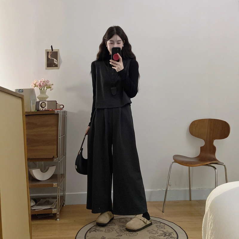 大码气质毛呢马甲长袖阔腿裤套装女2025秋冬洋气复古显瘦三件套|undefined