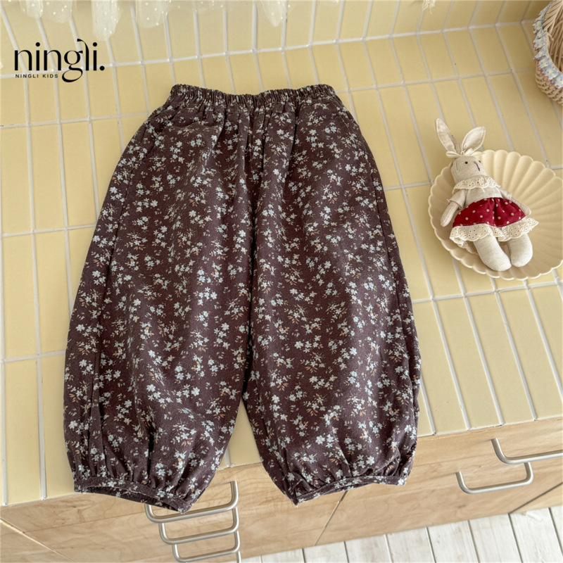 Ningli 子供服秋服女の子ベビー子供フォレストブルー小花柄ブルマパンツ女性用巾着9点パンツ|undefined