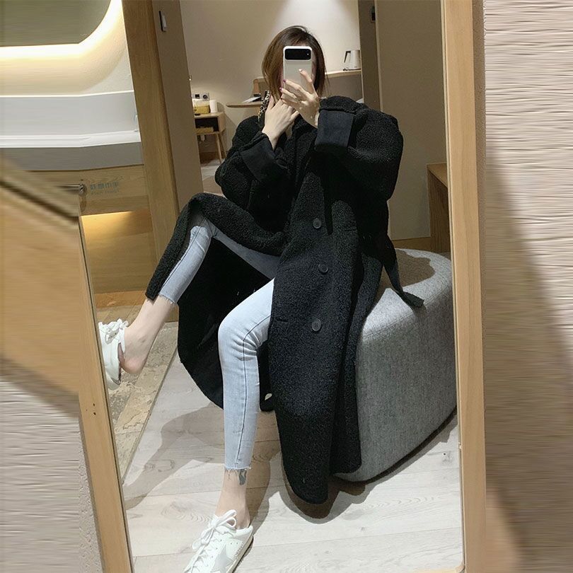 (2개) 양고기 모피 원피스 코트 여자 2024 WINTER VINTAGE LOOSE ALL-MATCH 두꺼운 중간 길이의 모피 코트