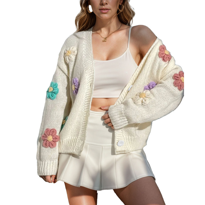 Damenbekleidung Blumenmuster Knopf Strickjacke Süßer lockerer Langarmpullover_voghion.com
