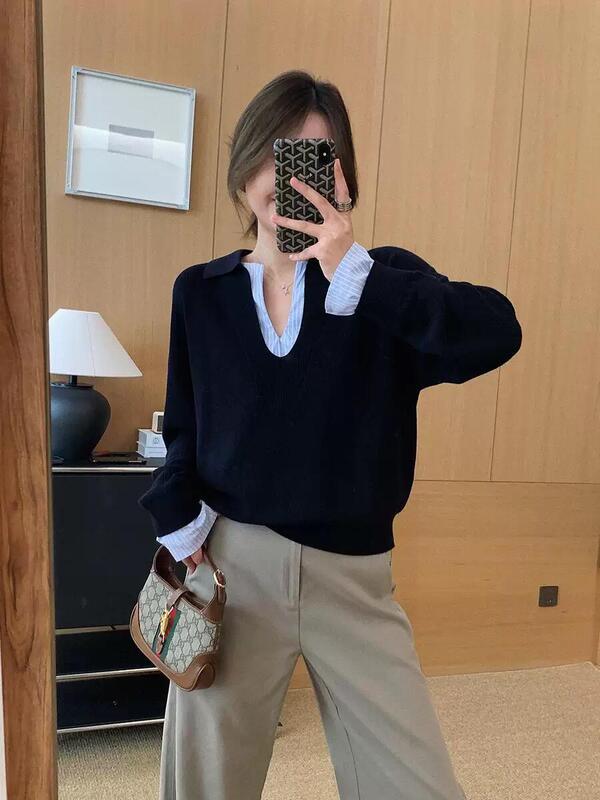 松弛感时髦撞色假两件拼接条纹针织衫女秋冬季设计感宽松V领上衣|undefined
